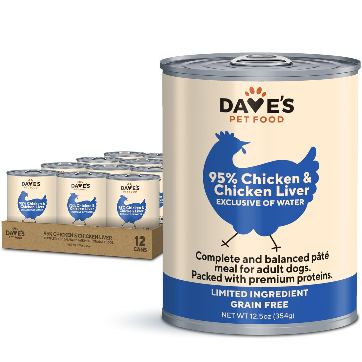 Dave's Pet Food: lata de 12,5 oz con pollo e hígado, alto en proteína.