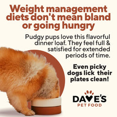 Dave's Pet Food lata con fibra para saciedad prolongada.
