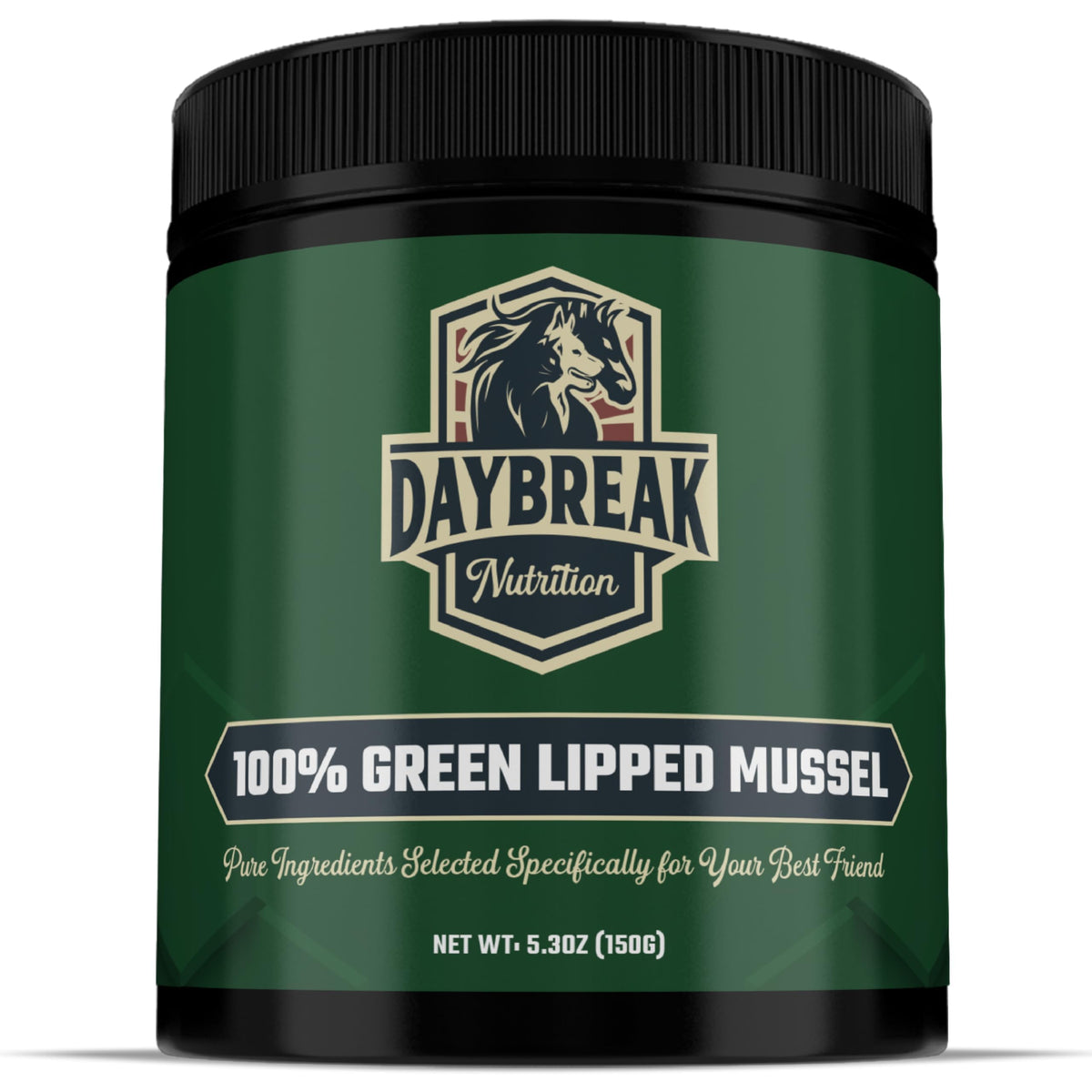 Polvo de mejillón verde de Daybreak Nutrition en botella, ideal para apoyar articulaciones de mascotas.