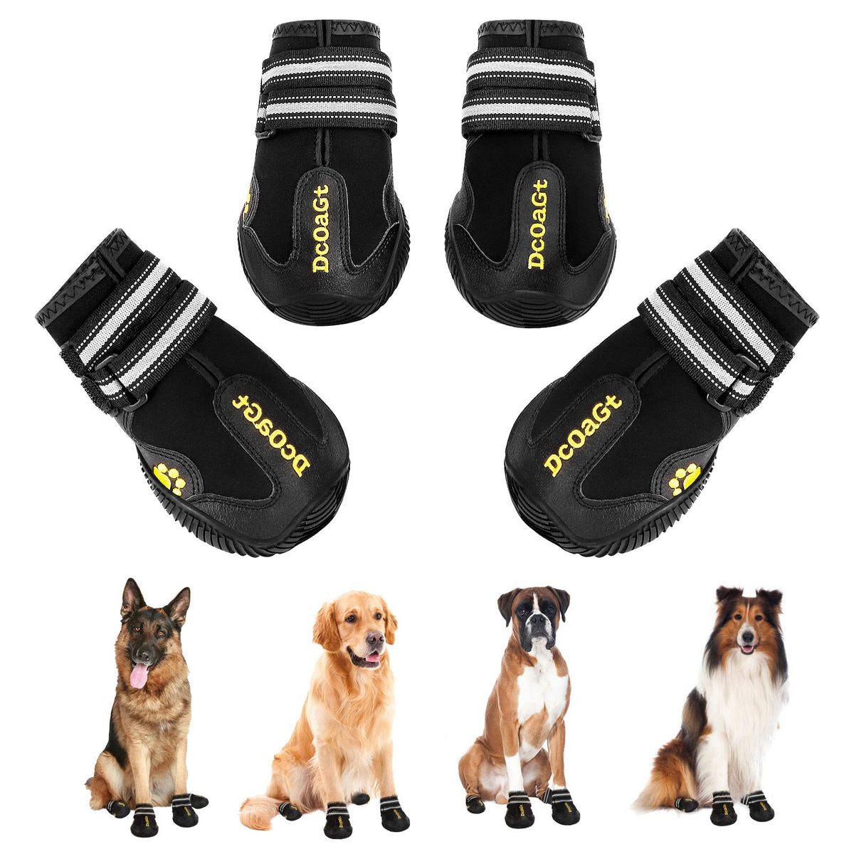 DcOaGt botas para perros grandes, vista frontal, protección de patas al caminar.