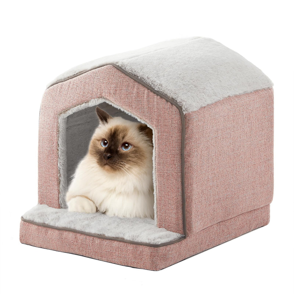 DEBANG HOME casa gato ortopédica rosa, vista frontal para descanso cómodo.