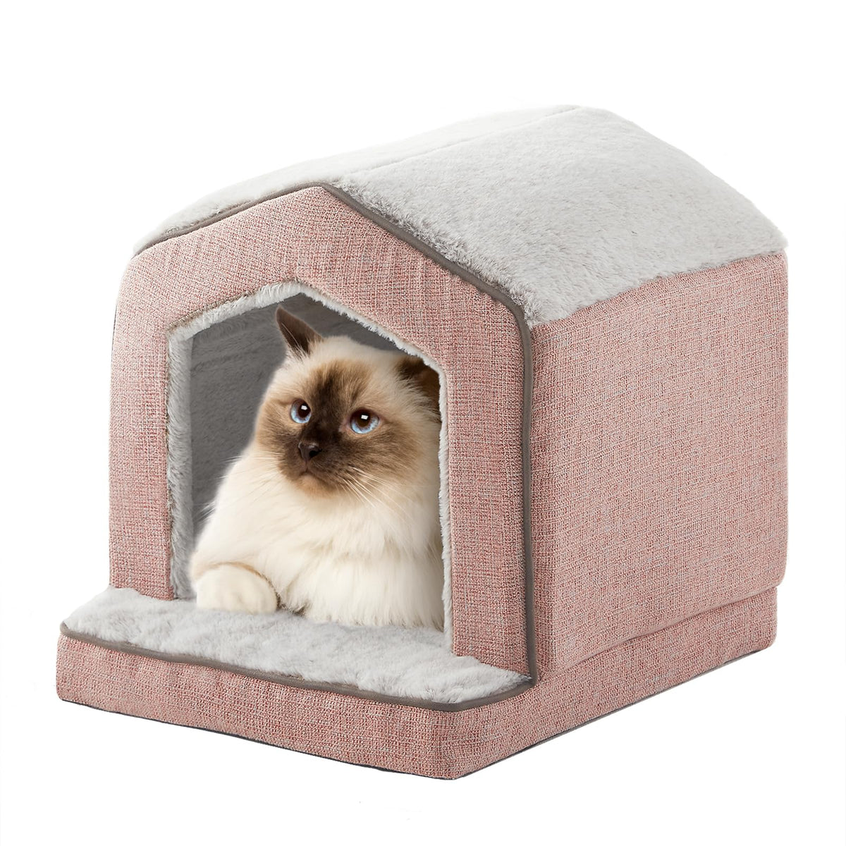 DEBANG HOME casa gato ortopédica rosa, vista frontal para descanso cómodo.