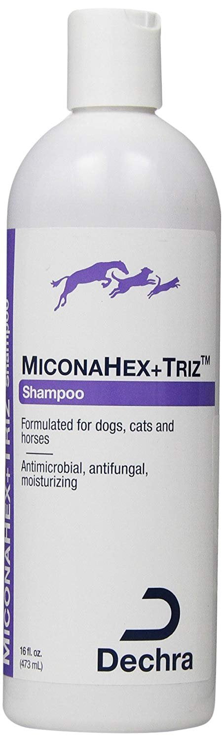 Dechra Miconahex + Triz Shampoo, botella de 16 oz para uso seguro en piel de mascotas.