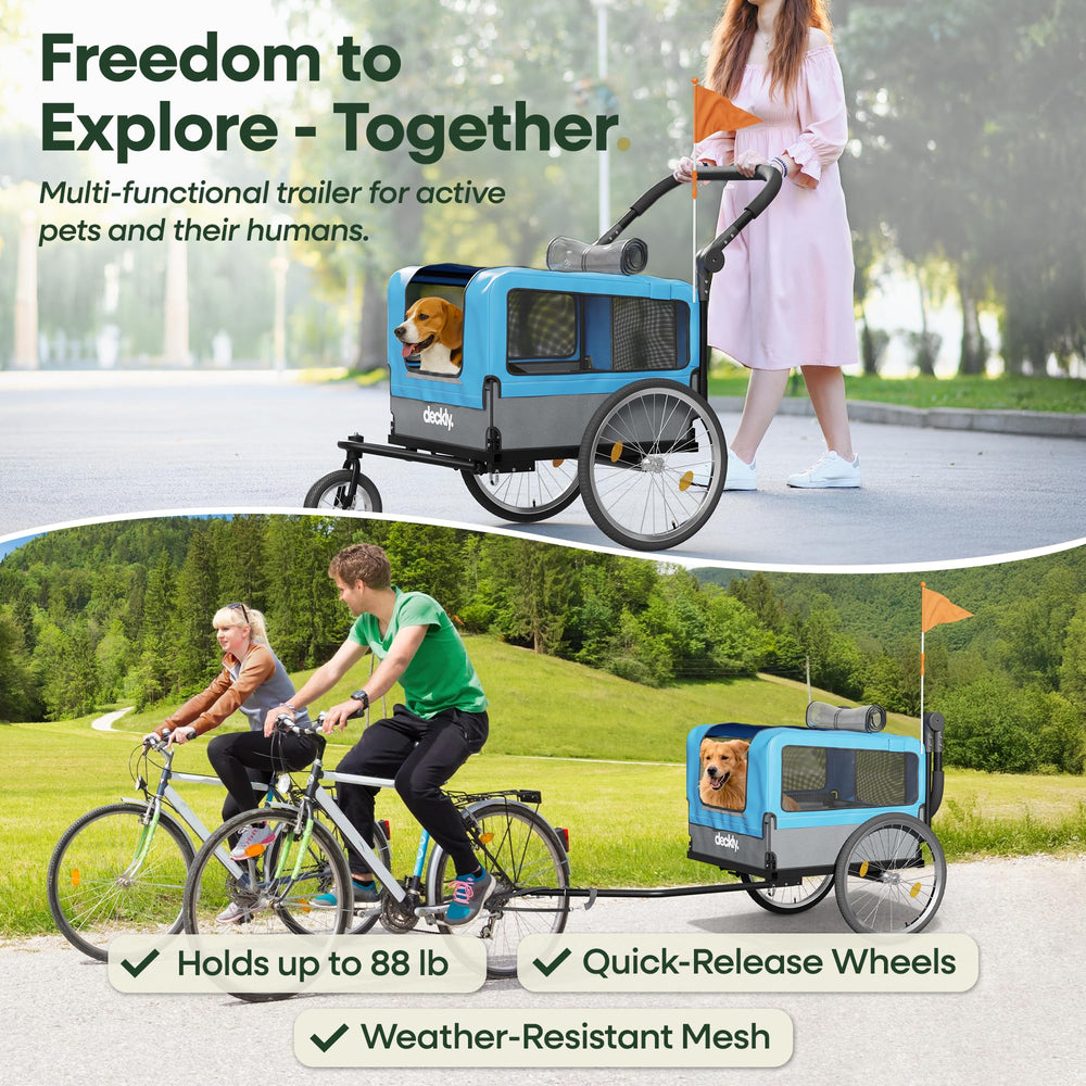 Deckly remolque para perro en bici plegado para guardado compacto.