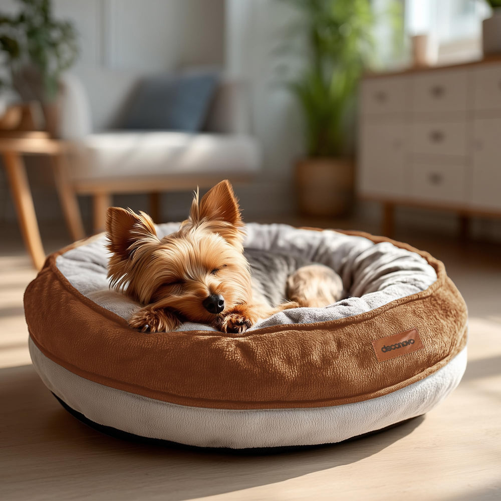 Cama Deconovo para perros en forma de rosquilla, vista general para interiores y descanso cómodo.