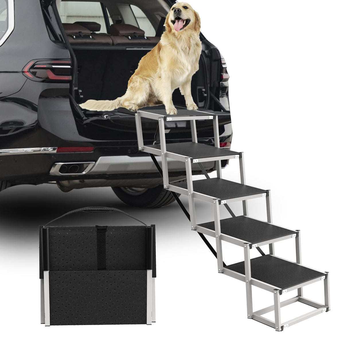 DeerGym escaleras para perros grandes de 5 pasos, acceso cómodo al coche.