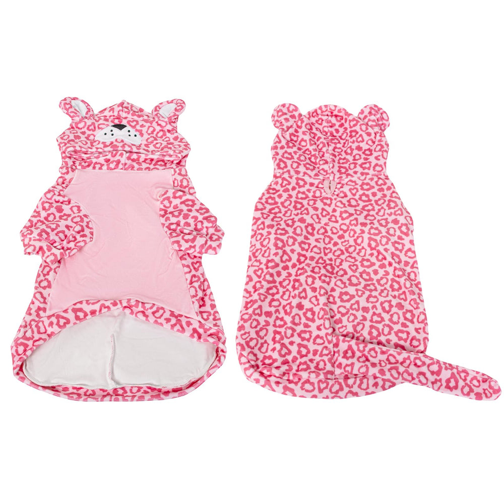 Vista frontal del disfraz DELIFUR para perro leopard-rosa, Halloween