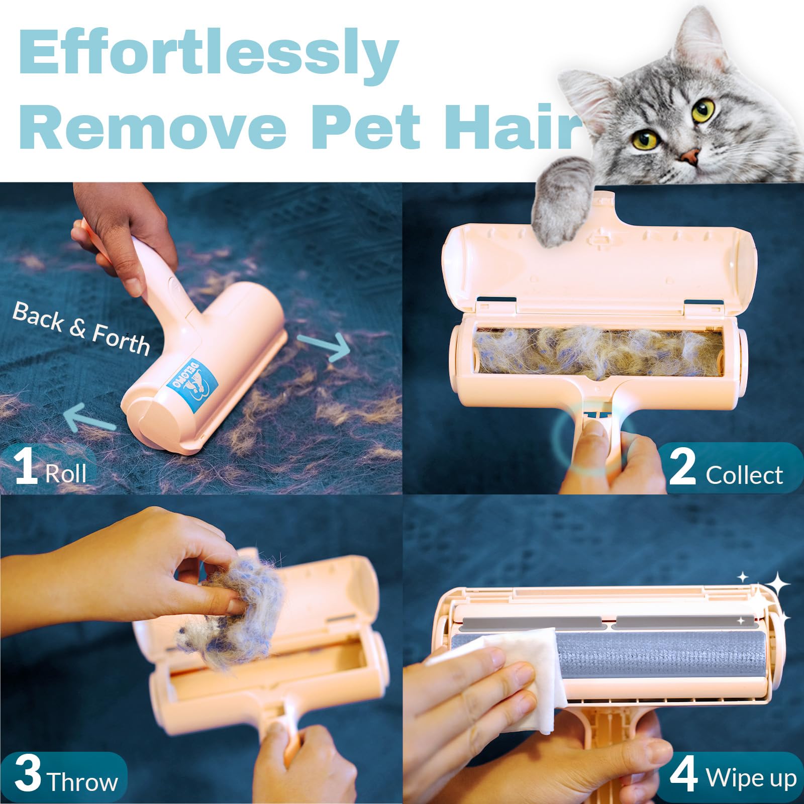 DELOMO Pet Hair Roller limpieza rápida y simple para superficies