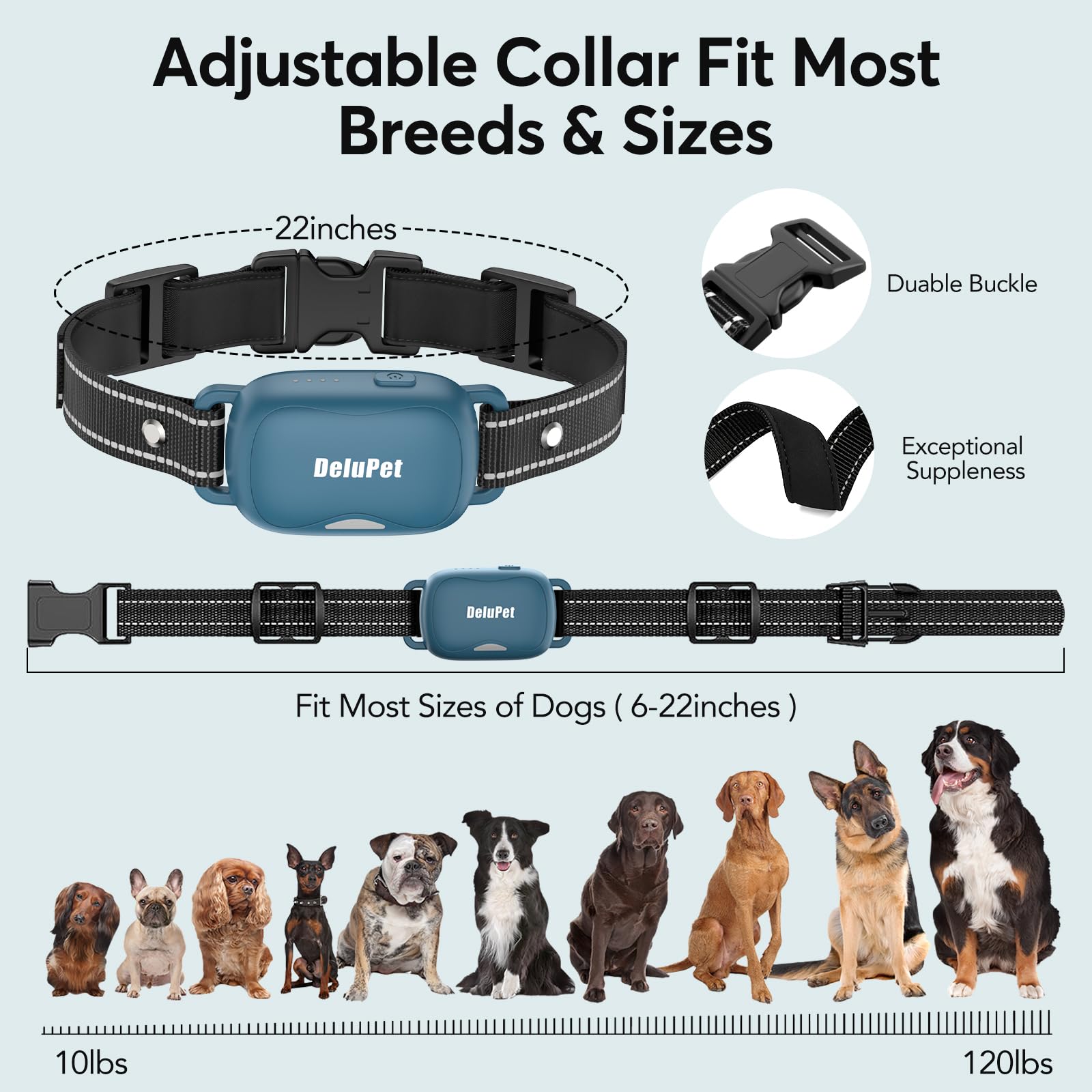 Delupet collar con batería de larga duración para sesiones extendidas.