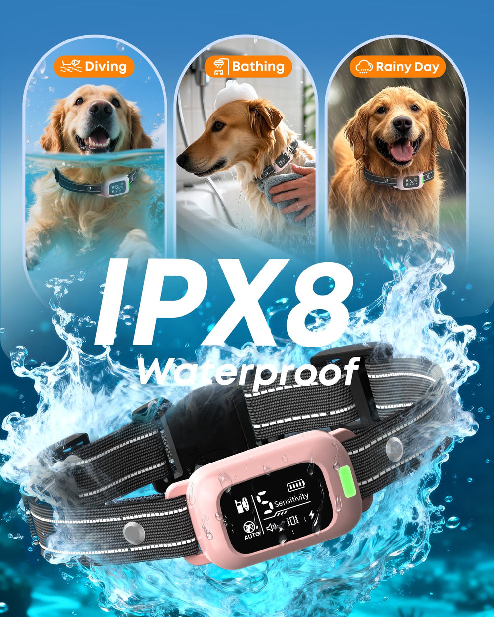 Delupet collar IPX8 impermeable: listo para lluvia, barro y juego acuático.