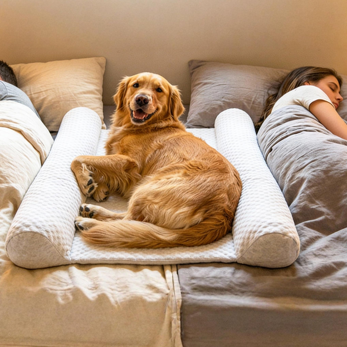 DenMate cama para perros con bordes laterales para apoyo nocturno y cercanía.