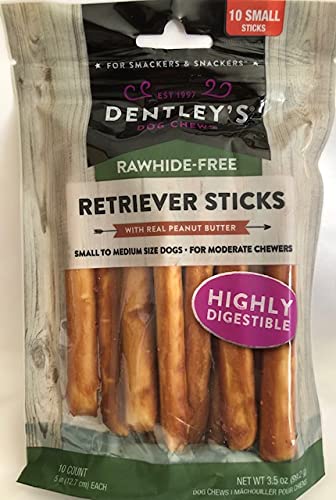 Detalle de Dentley Palitos Retriever mantequilla de maní, sabor irresistible y masticación prolongada.