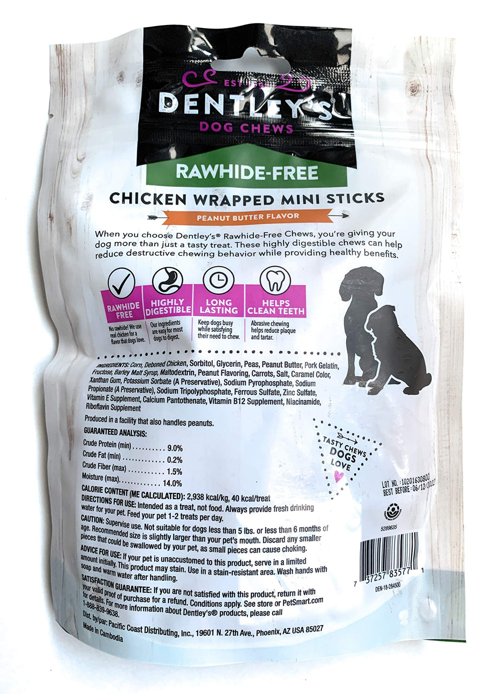 DENTLEY'S Perro pequeño masticando palito sin cuero, favorece masticación controlada.