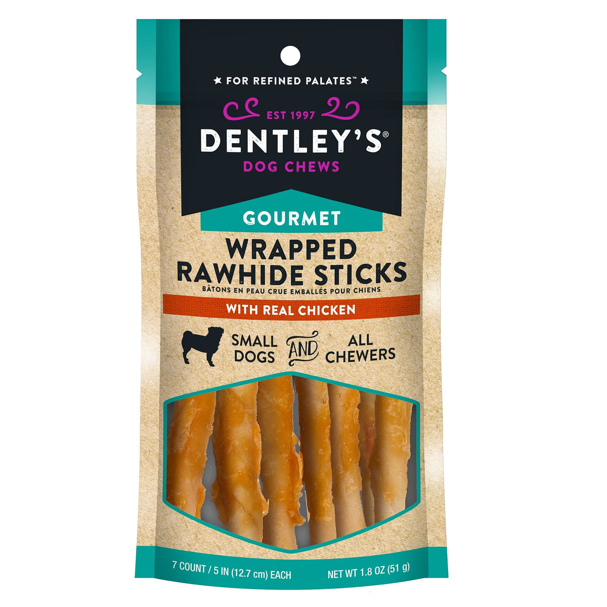 Dentley's Twists de piel cruda, sabor a pollo, ideal para perros pequeños y masticación prolongada.