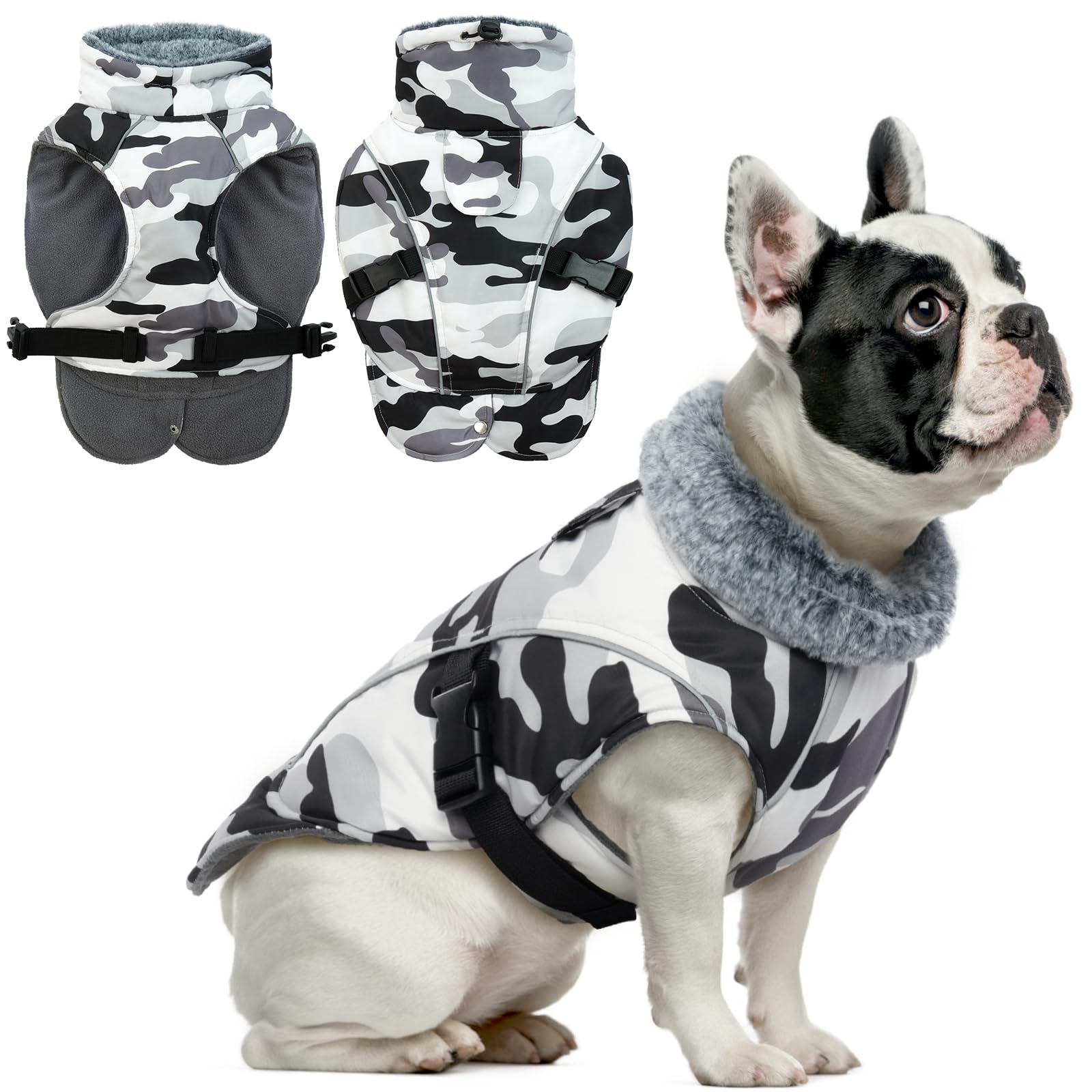 DENTRUN abrigo de invierno para perro mediano con camuflaje blanco, ideal para caminatas frías.