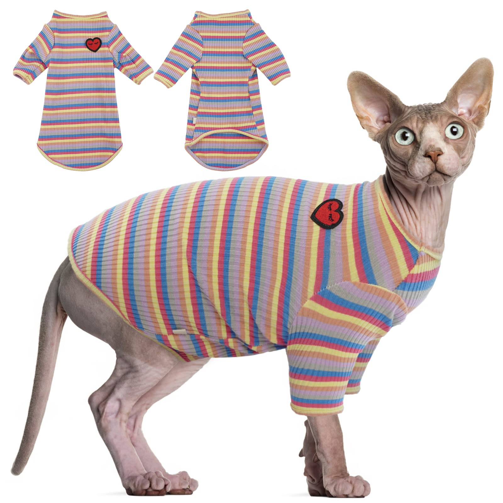 Camiseta DentRun para gatos sin pelo con rayas azul zafiro, cómoda y duradera.