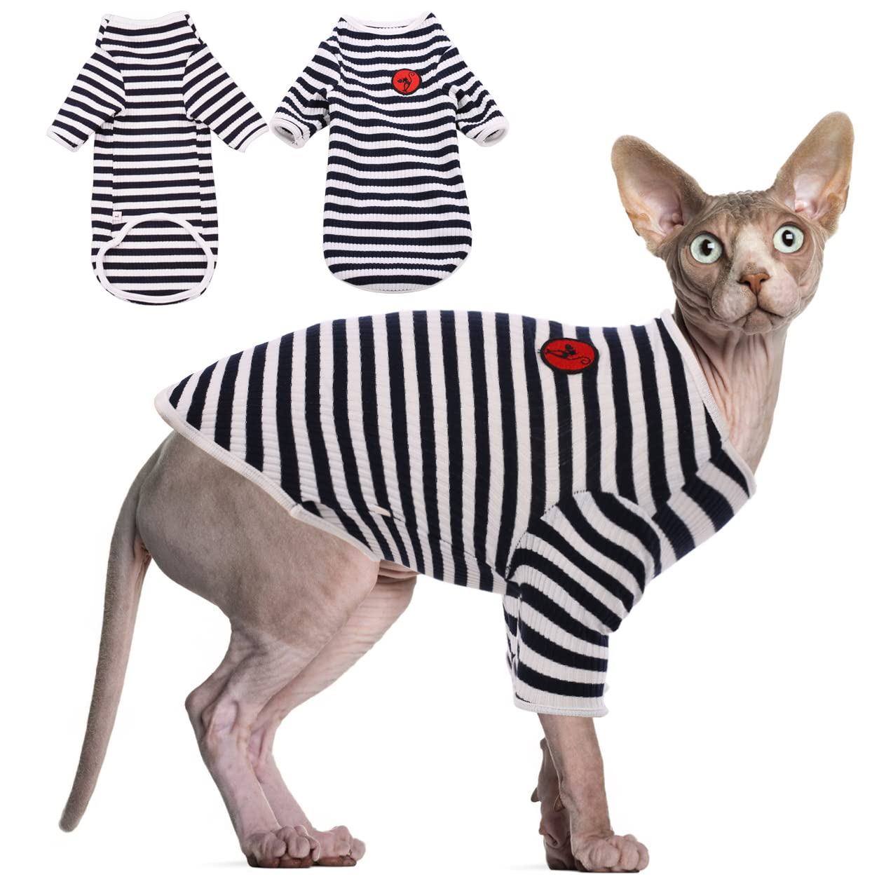 Camiseta DENTRUN para gatos sin pelo con rayas azules, suave y transpirable.