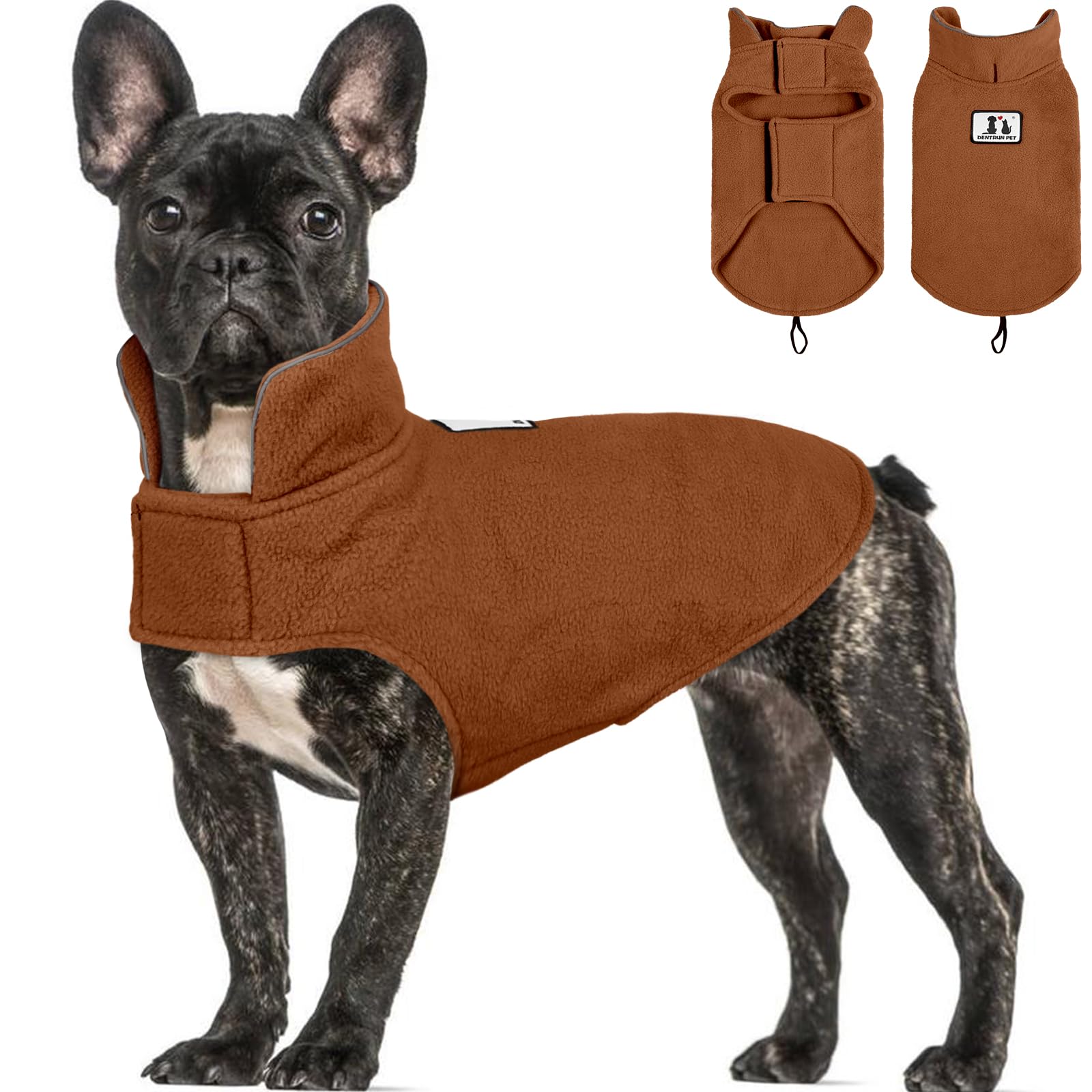DENTRUN chaleco reversible para perro, vista frontal, ofrece calor y protección durante paseos fríos.
