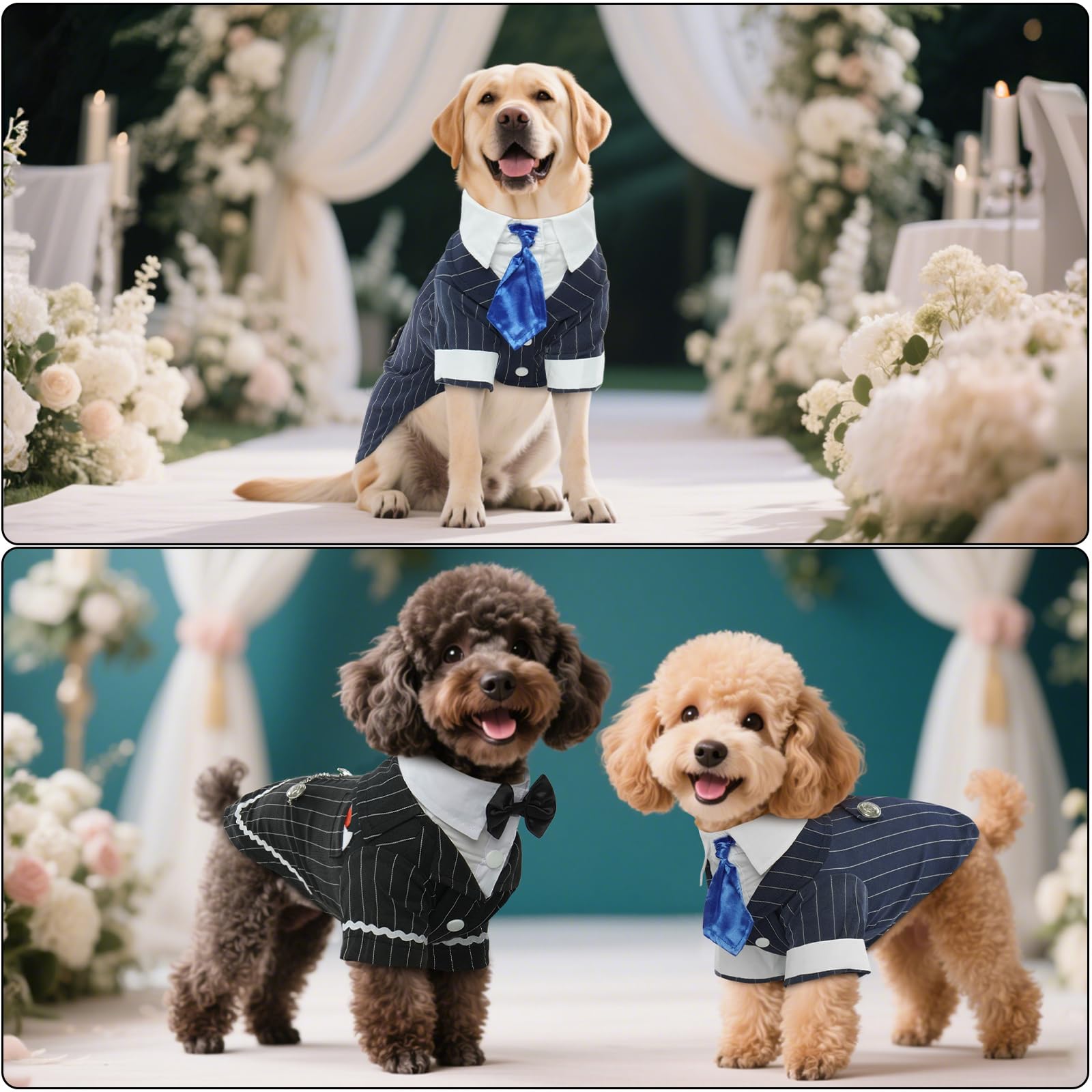 DENTRUN detalle de corbatín de satén en esmoquin canino para eventos elegantes.