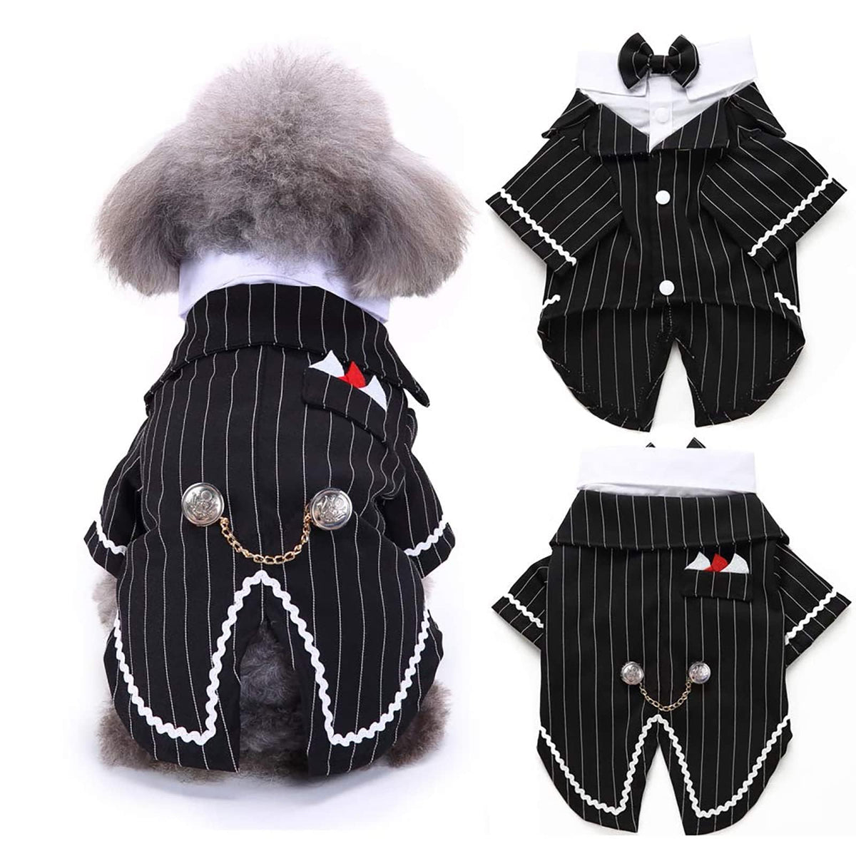 DENTRUN tuxedo para perro con corbatín blanco, ideal para bodas y sesiones formales.