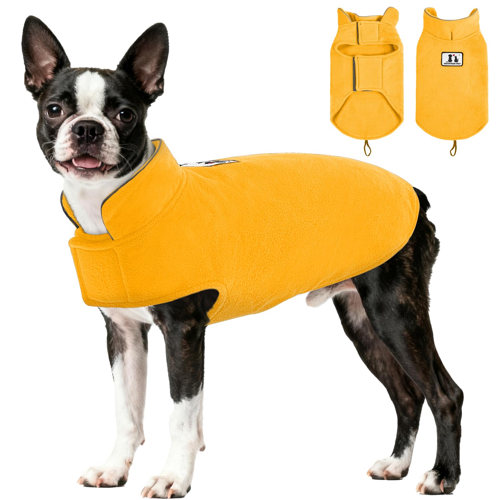 DENTRUN abrigo reversible para perros, vista frontal, ofrece calor y movilidad.