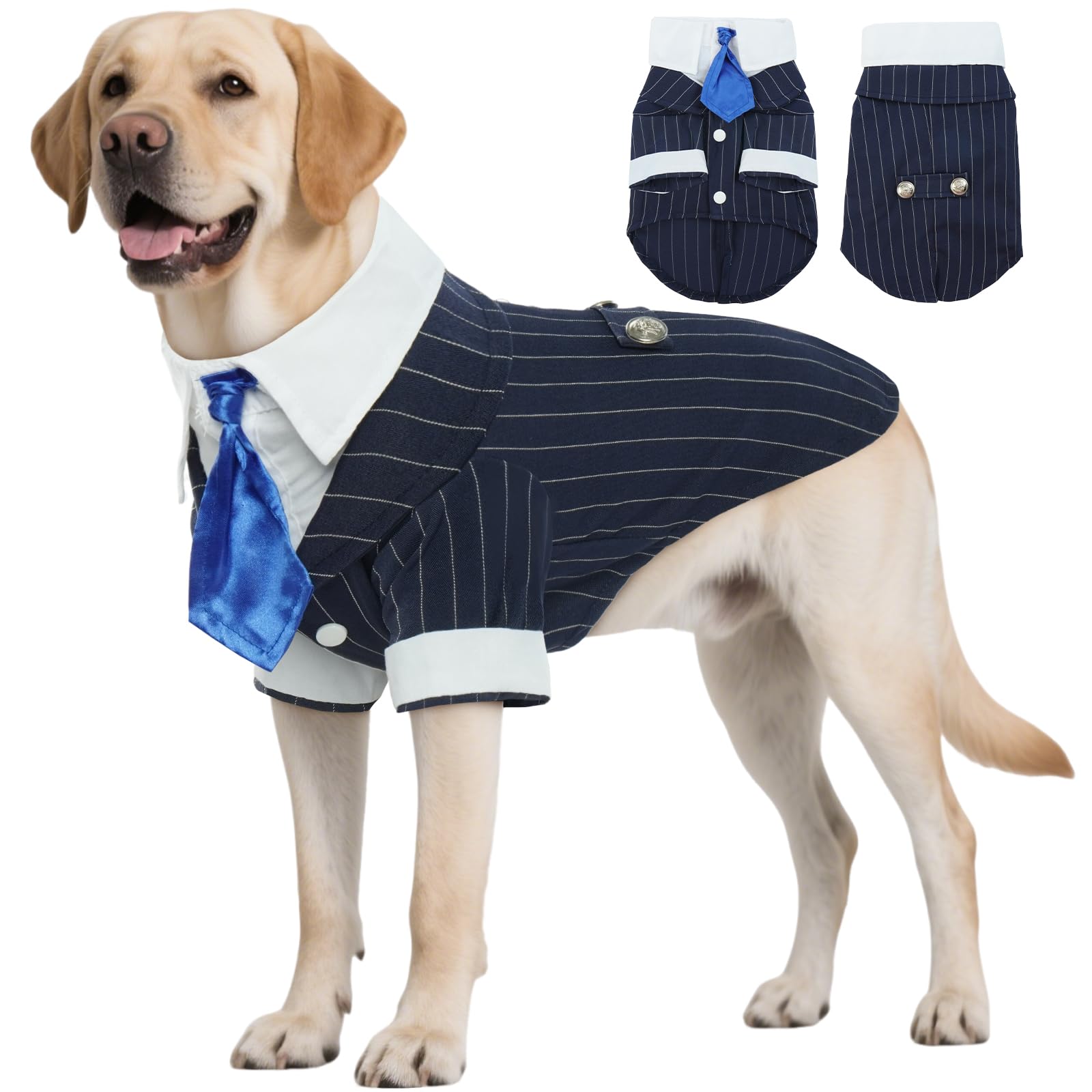 DENTRUN traje esmoquin para perro azul marino con rayas, perfecto para sesiones formales.
