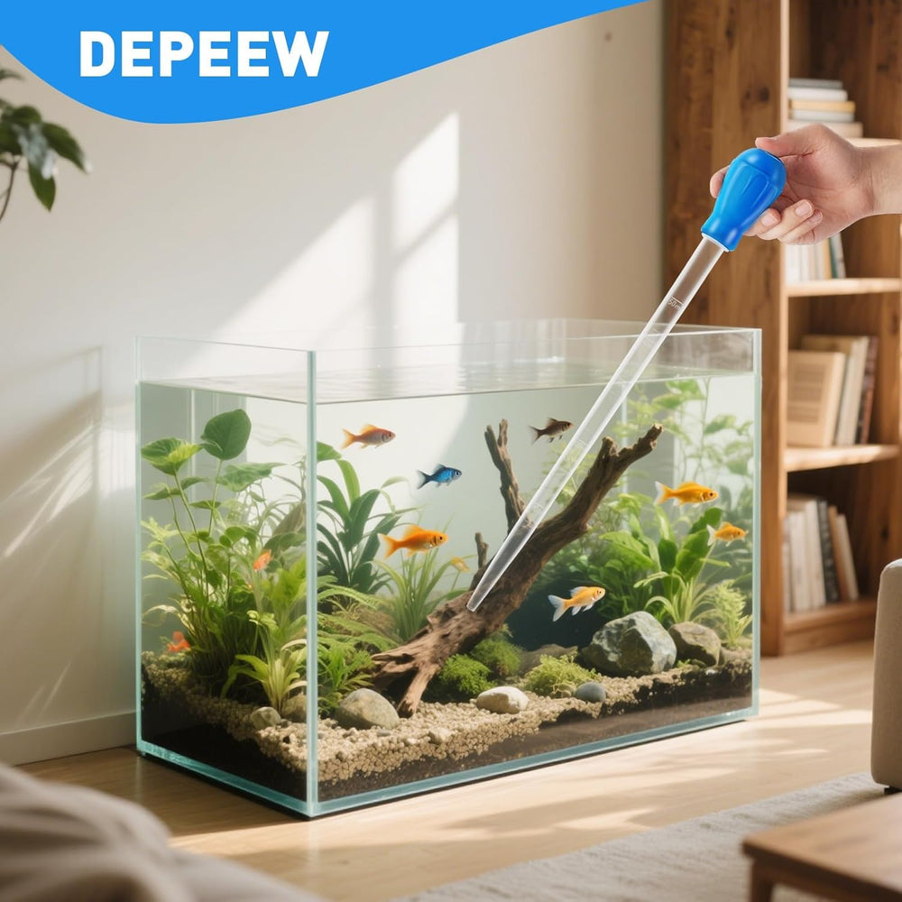 Uso diario Depeew en color azul para limpieza y alimentación del acuario.