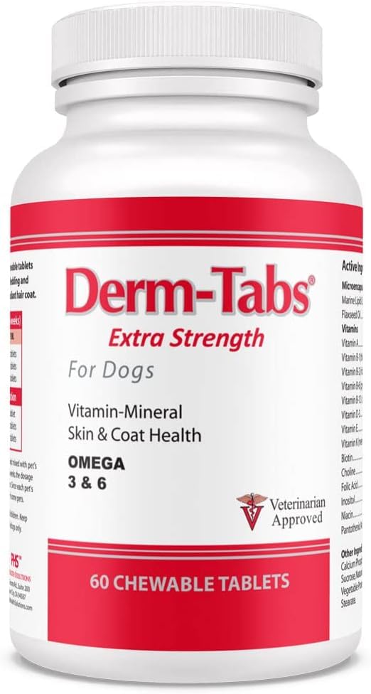 Derm Tabs Fuerza Extra para Perros: bote con tabletas masticables para piel saludable.