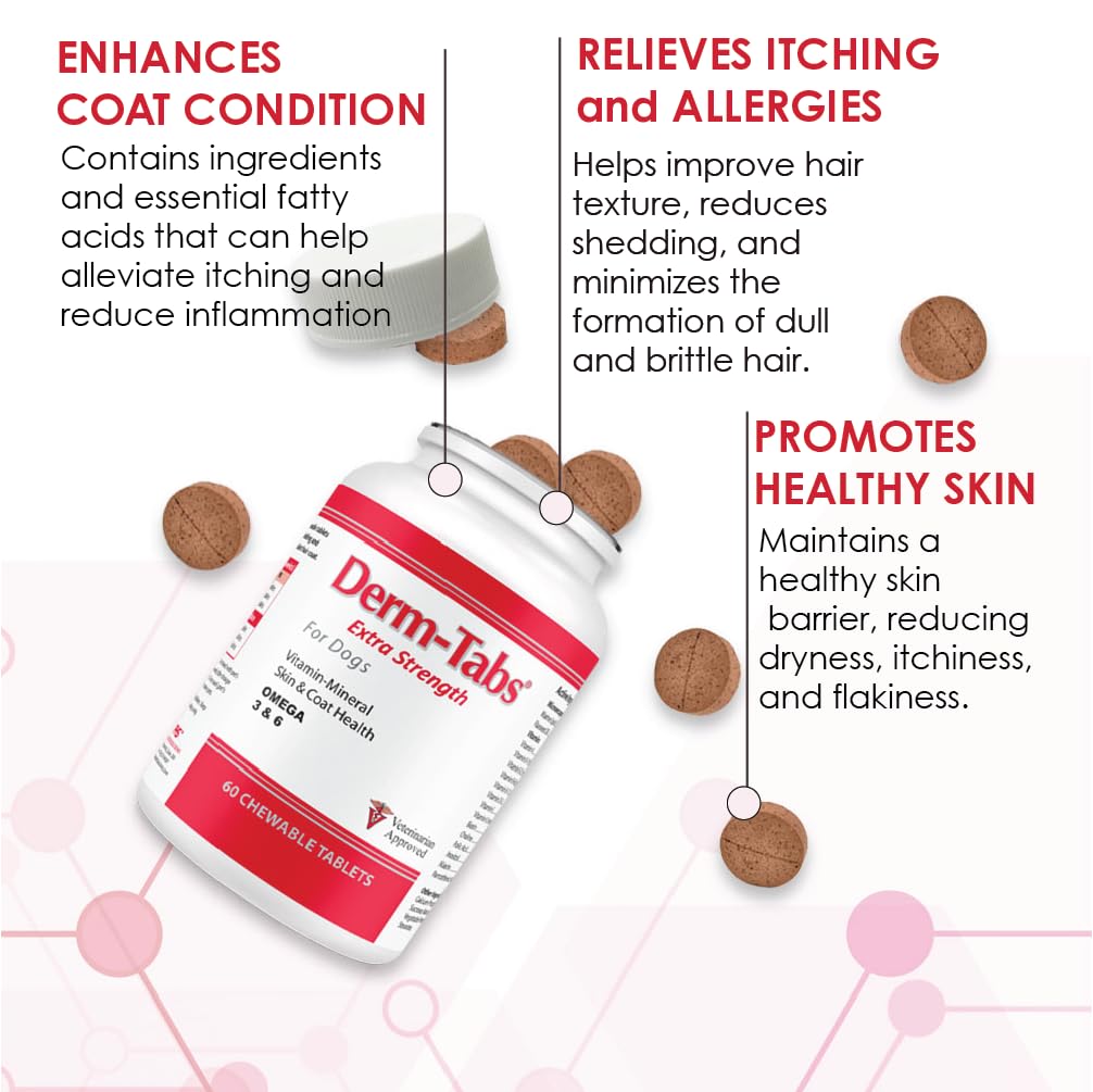 Derm Tabs Fuerza Extra para Perros: tabletas masticables sabrosas y fáciles de administrar.