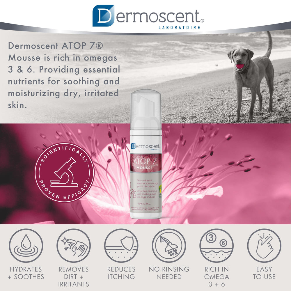 Uso diario sin baño con Dermoscent ATOP 7 Mousse.