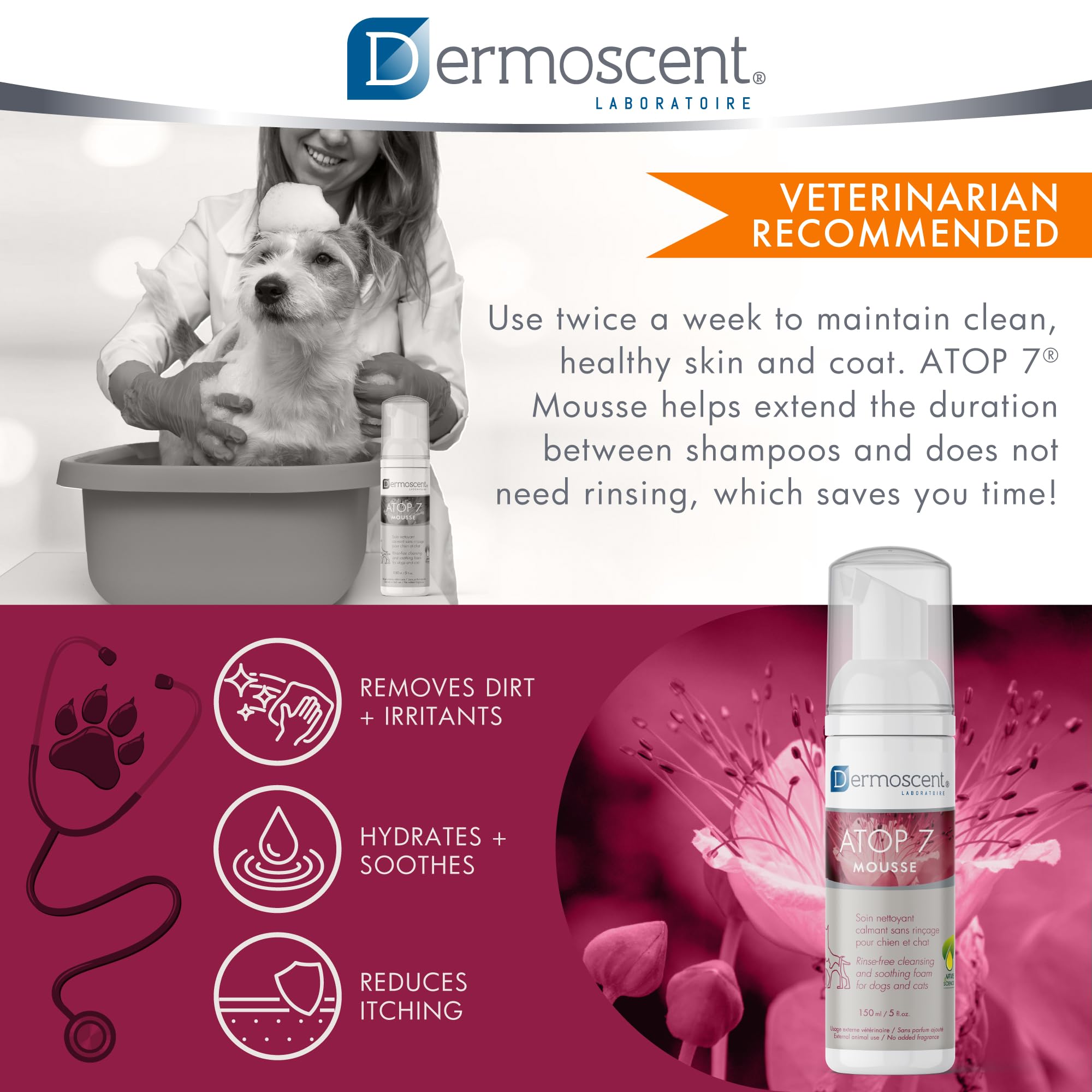 Dermoscent ATOP 7 Mousse cuida el pelaje y facilita desenredado.