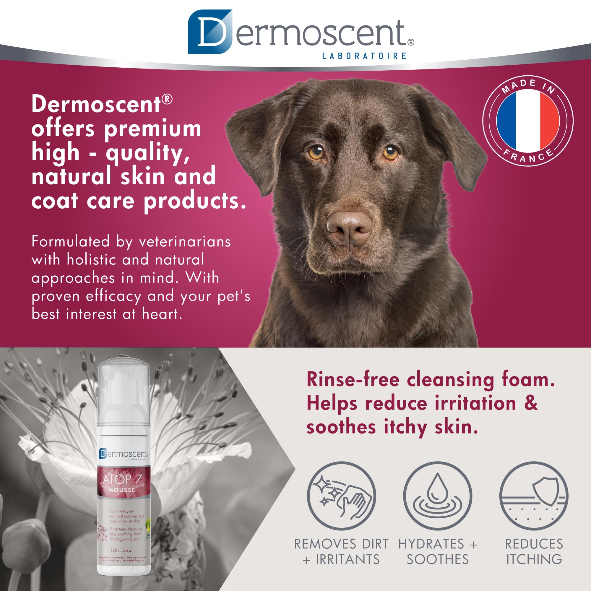 Dermoscent ATOP 7 Mousse cuida la piel sensible del animal.