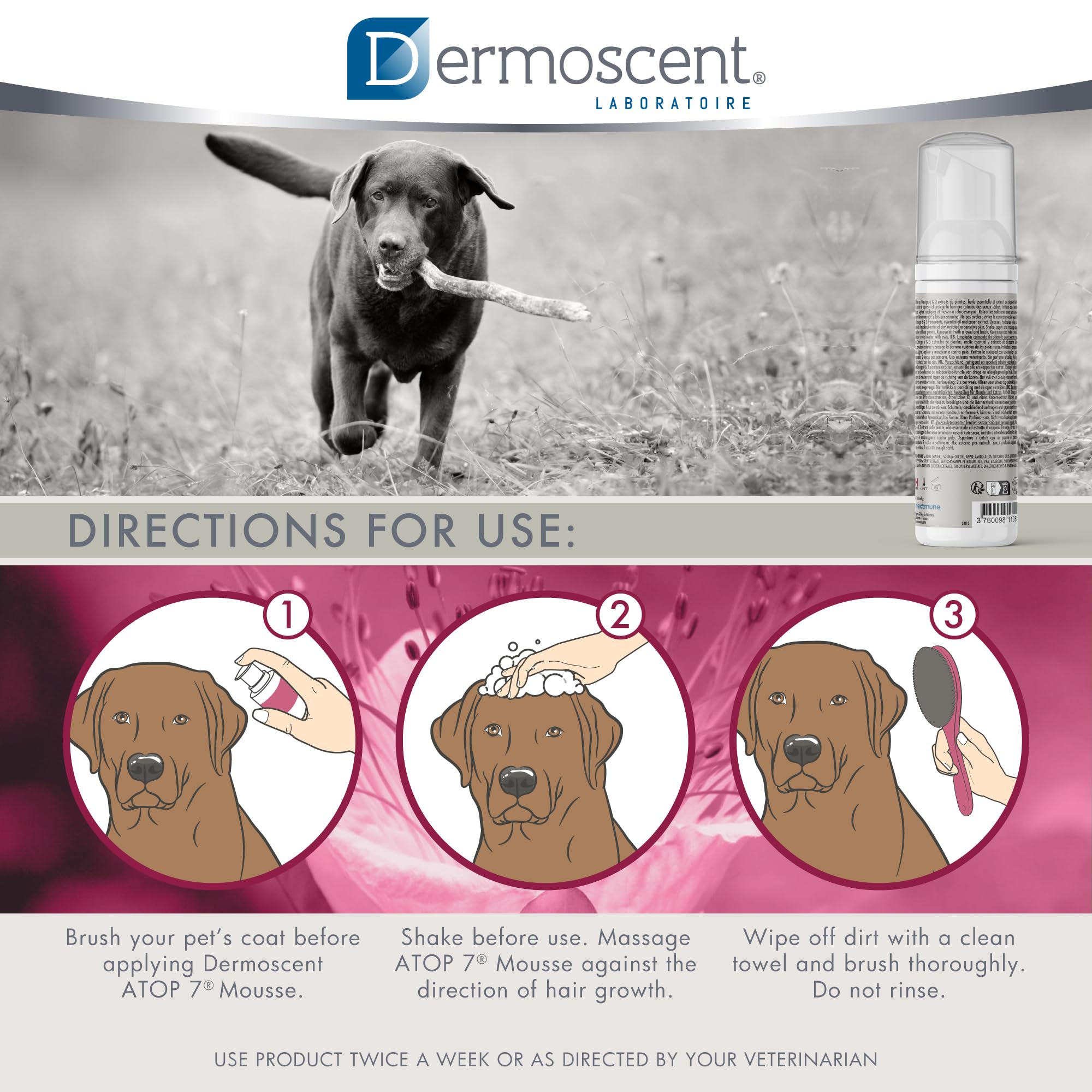 Frasco de 150 ml de Dermoscent ATOP 7 Mousse para uso doméstico.