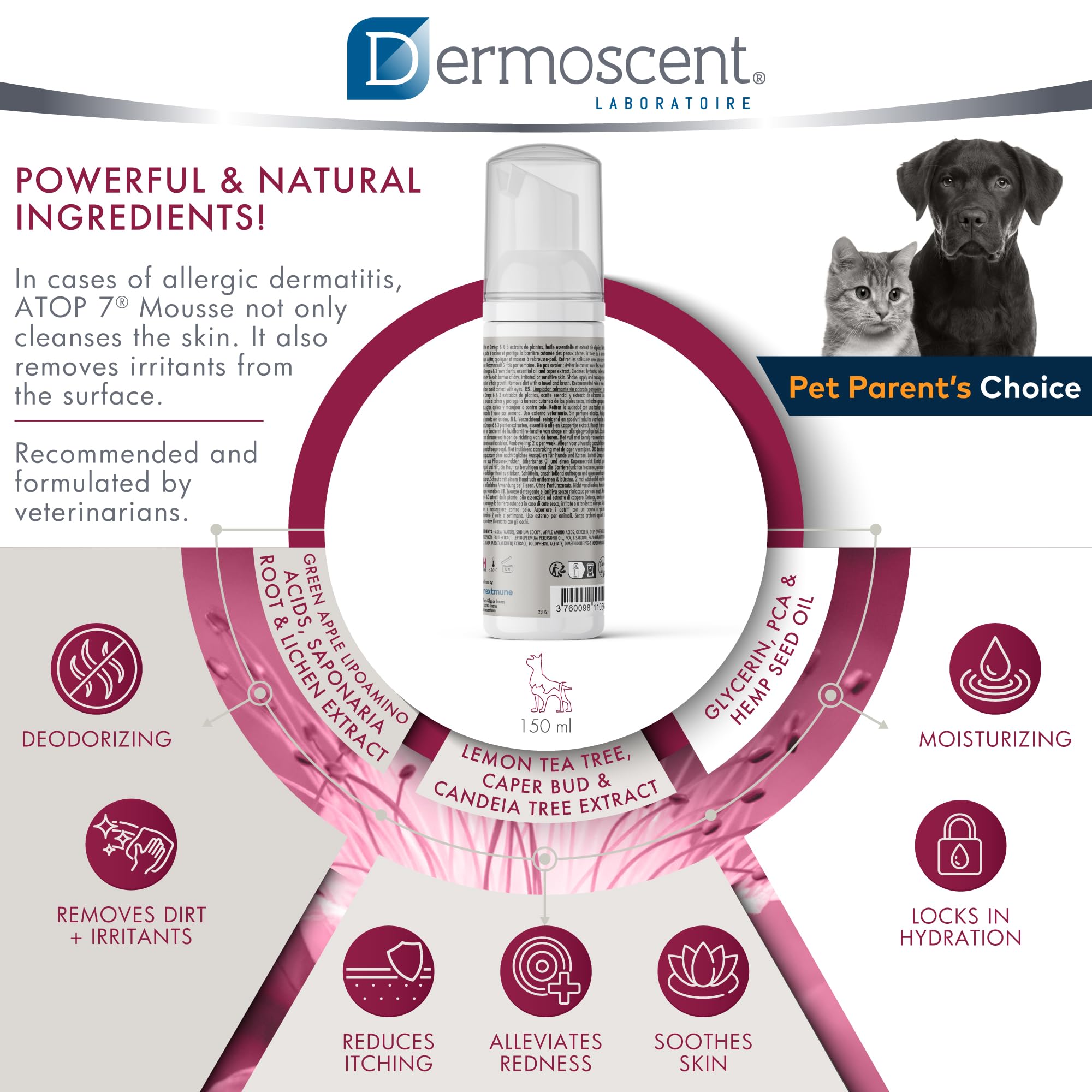 Dermoscent ATOP 7 Mousse con olor neutro para mantener sensación fresca.