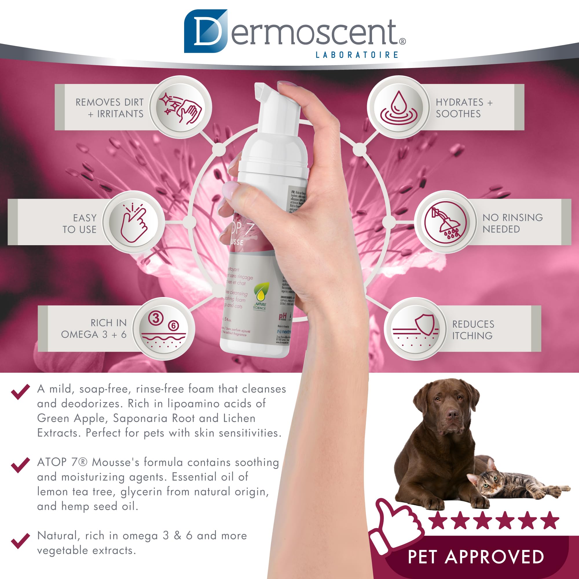 Dermoscent ATOP 7 Mousse aplicado en gato para limpieza rápida y sin estrés.