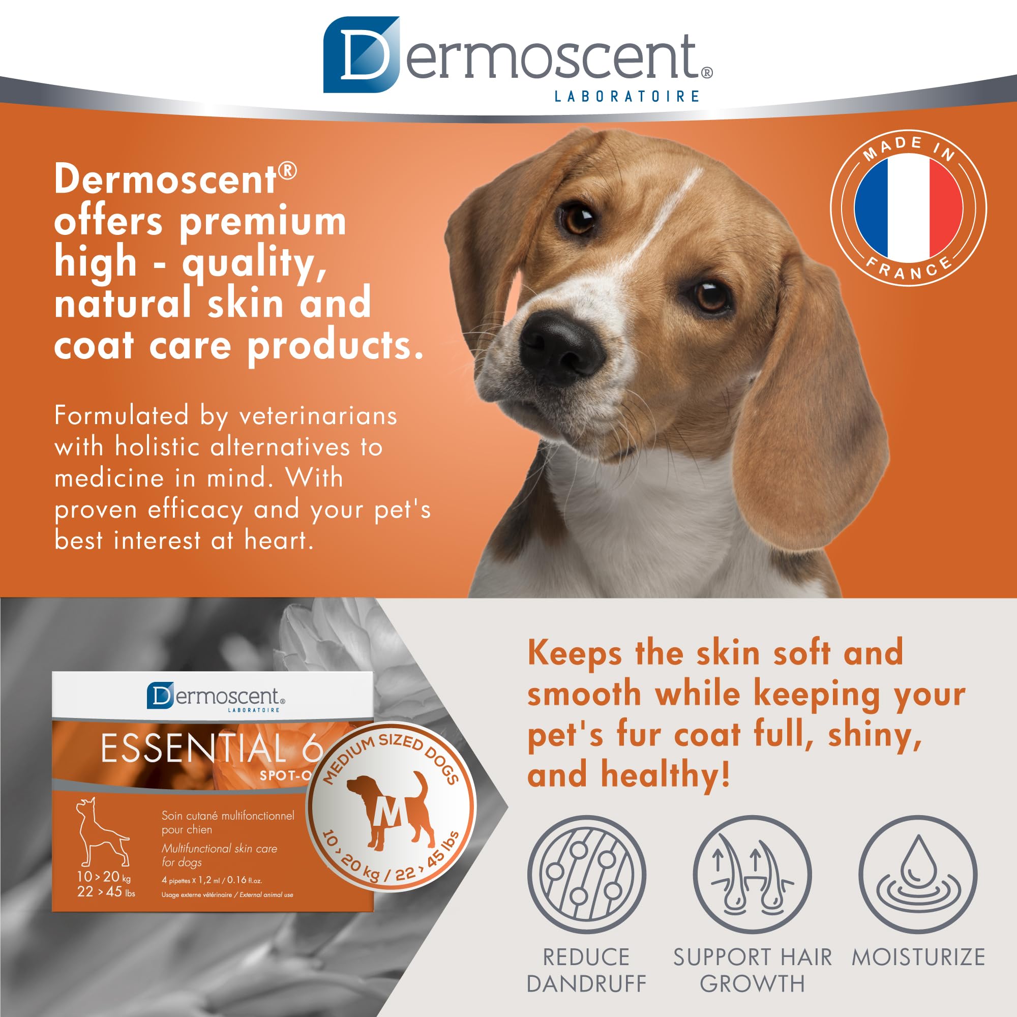 Dermoscent Essential 6 formula-especializada: diseñada por dermatólogos veterinarios para confianza diaria.