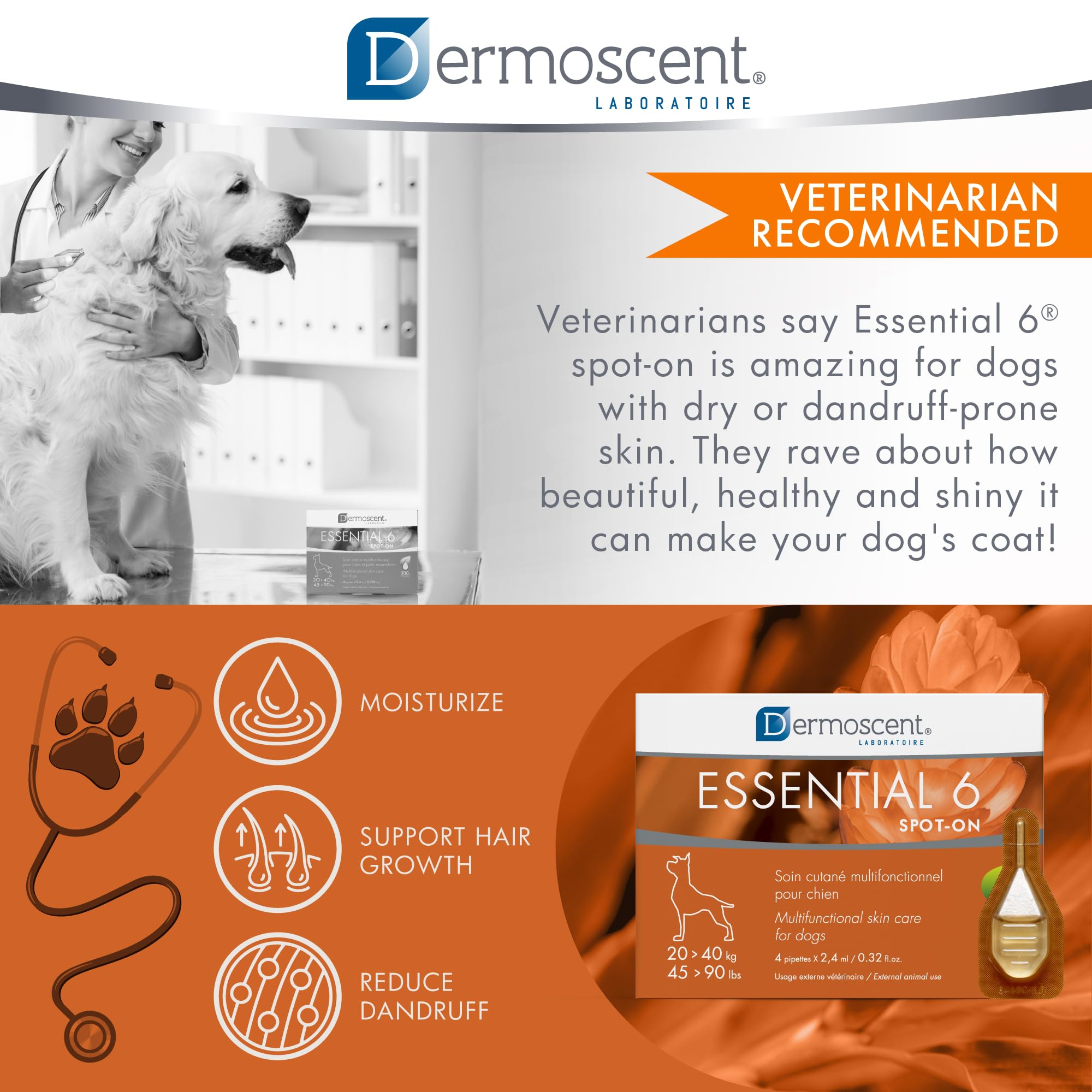 Dermoscent Essential 6, fórmula veterinaria para piel canina.
