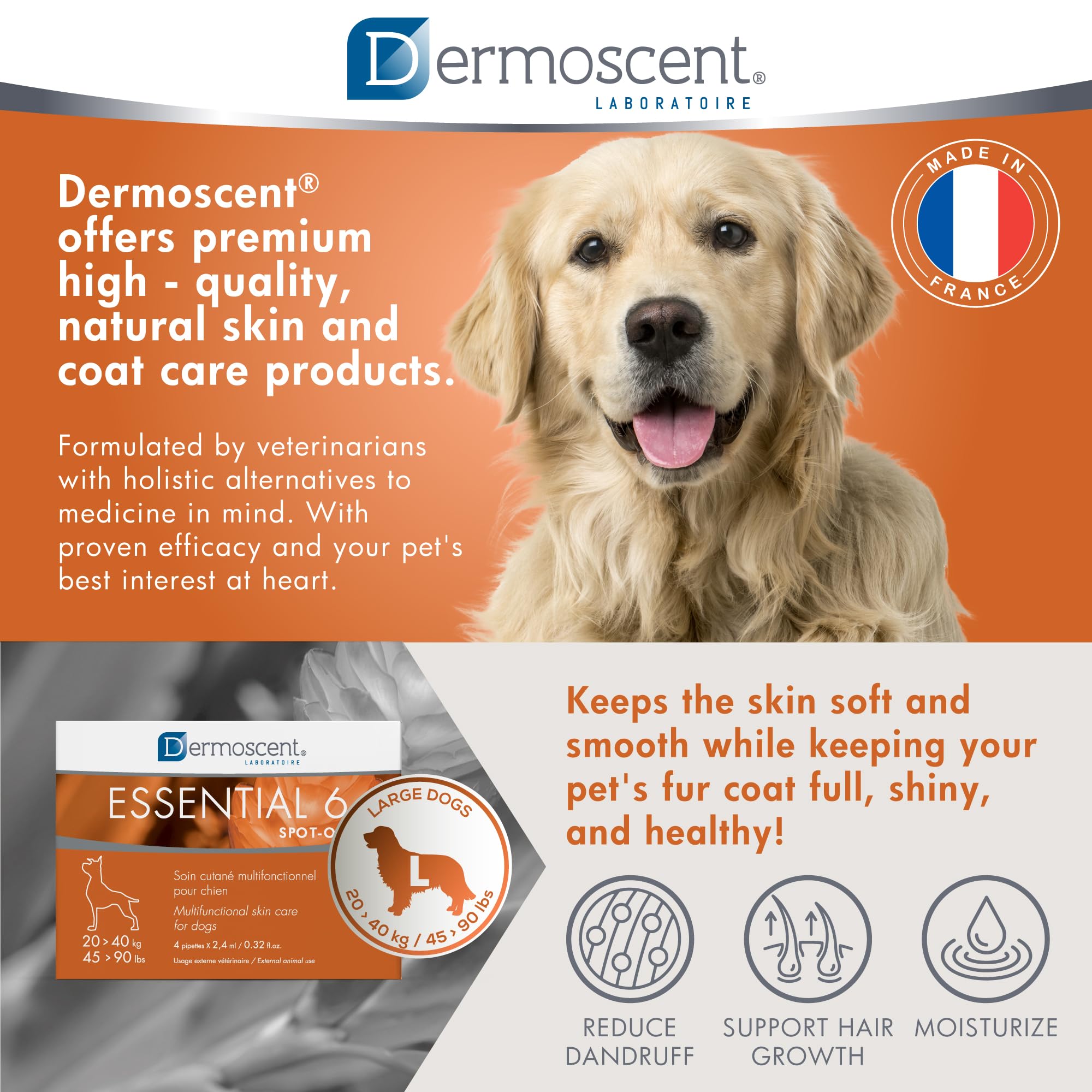 Dermoscent Essential 6 ingredientes naturales para piel sana y pelaje suave.
