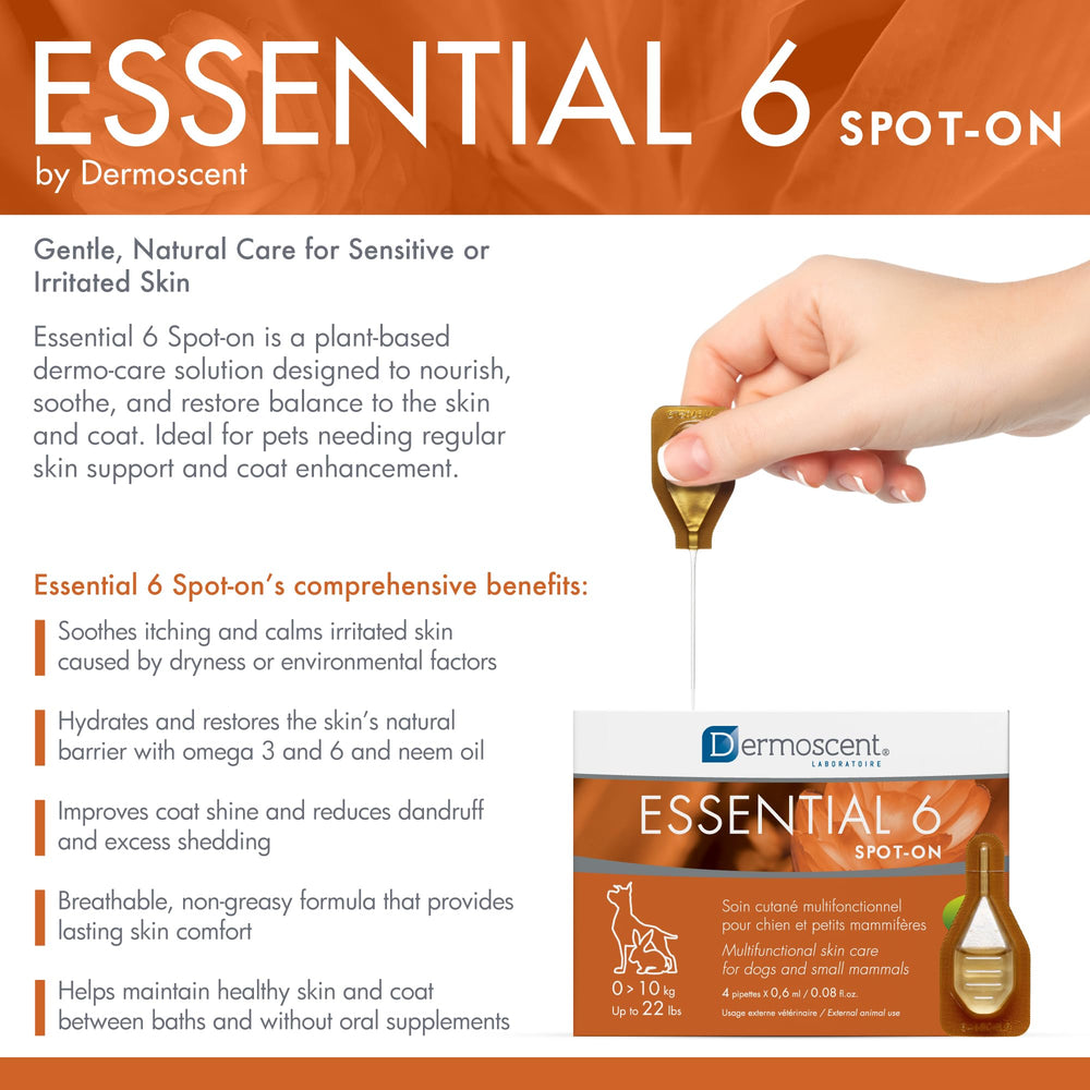 Dermoscent Essential 6, gotitas sobre la piel para hidratar y reforzar la barrera.