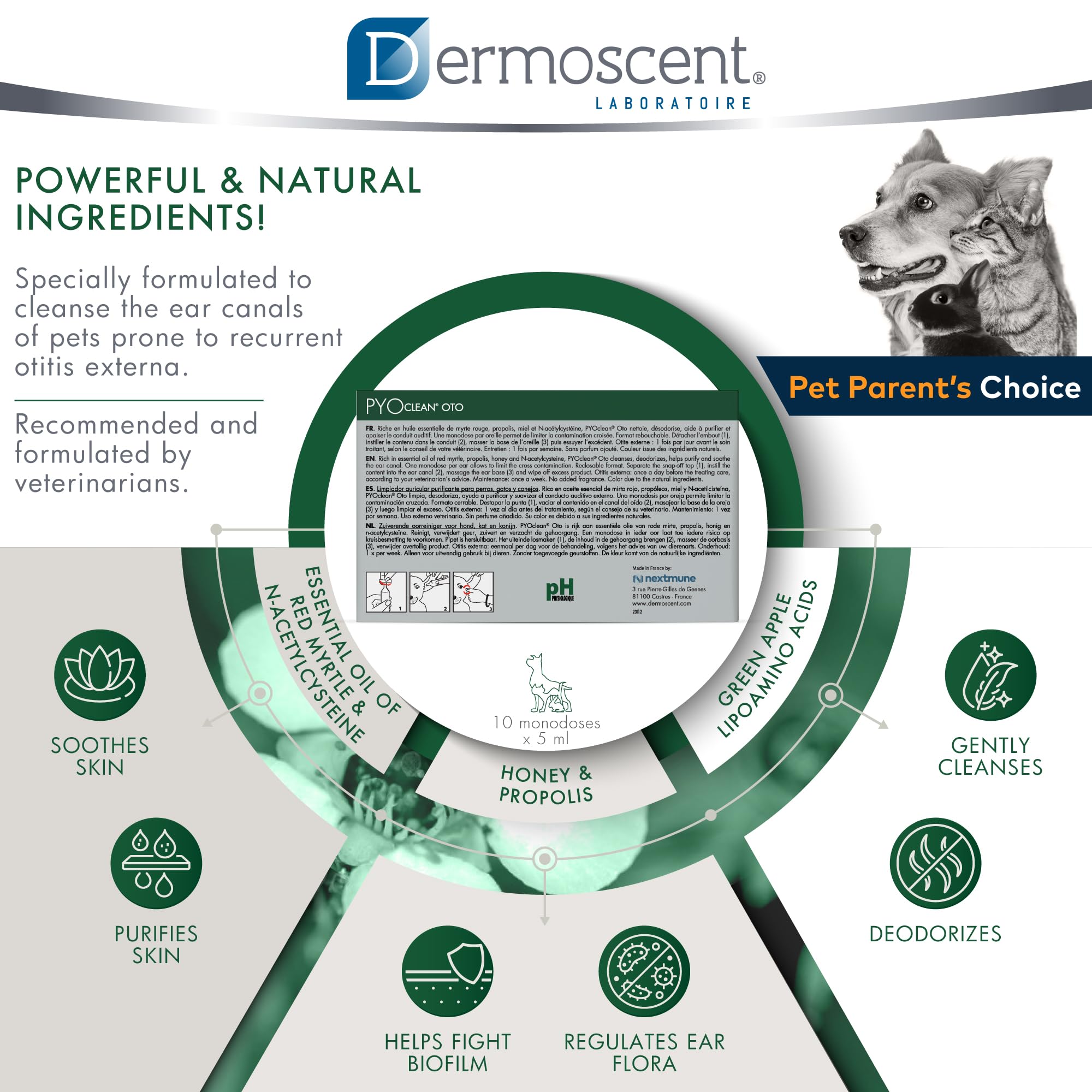Dermoscent Pyoclean OTO: apto para oídos con pelo o canales estrechos.