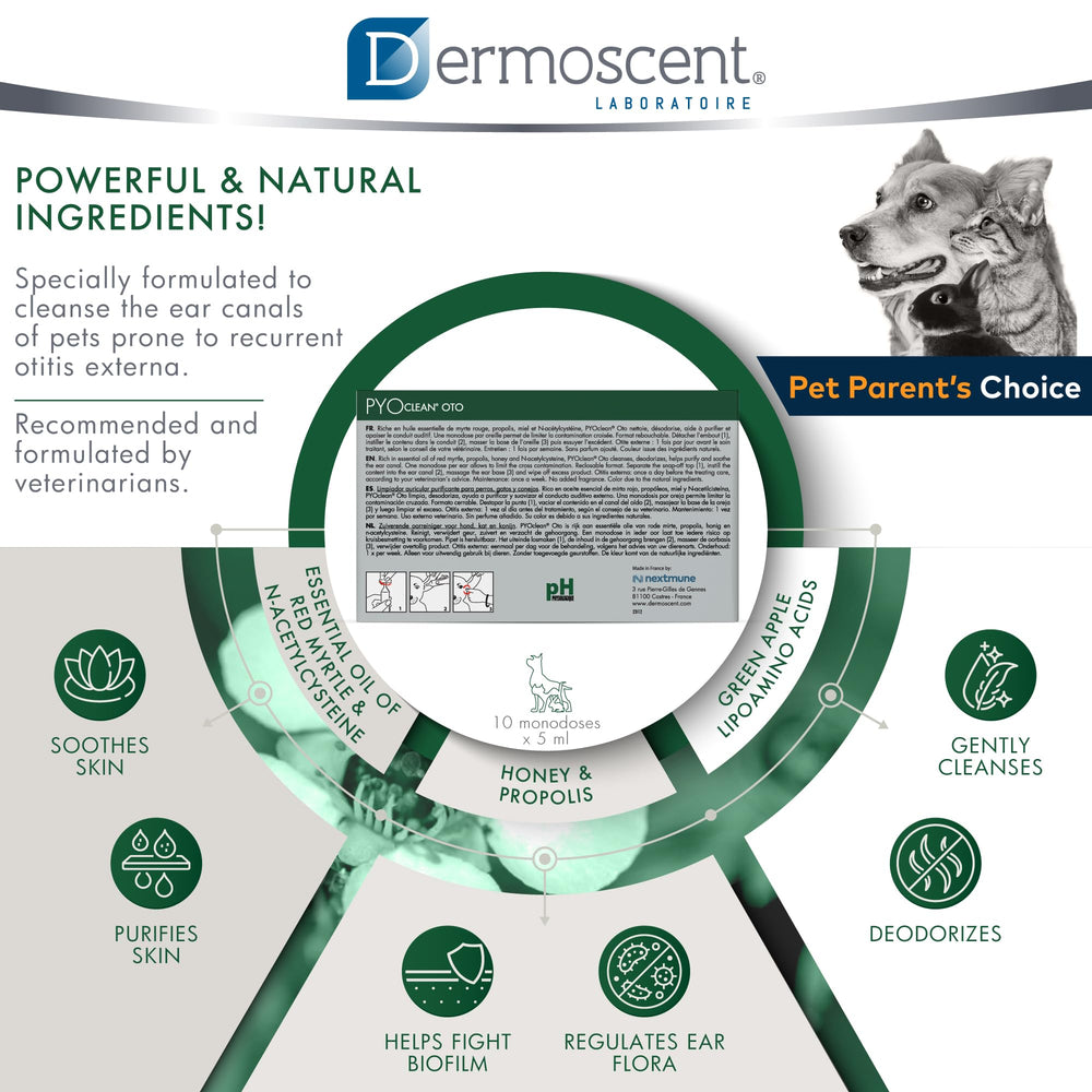 Dermoscent Pyoclean OTO: apto para oídos con pelo o canales estrechos.