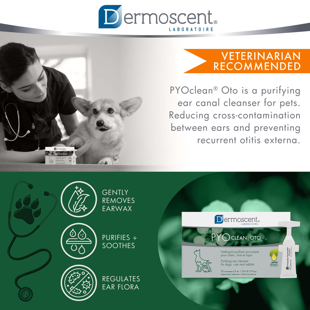 Dermoscent Pyoclean OTO: aceites esenciales que apoyan la limpieza de oídos.