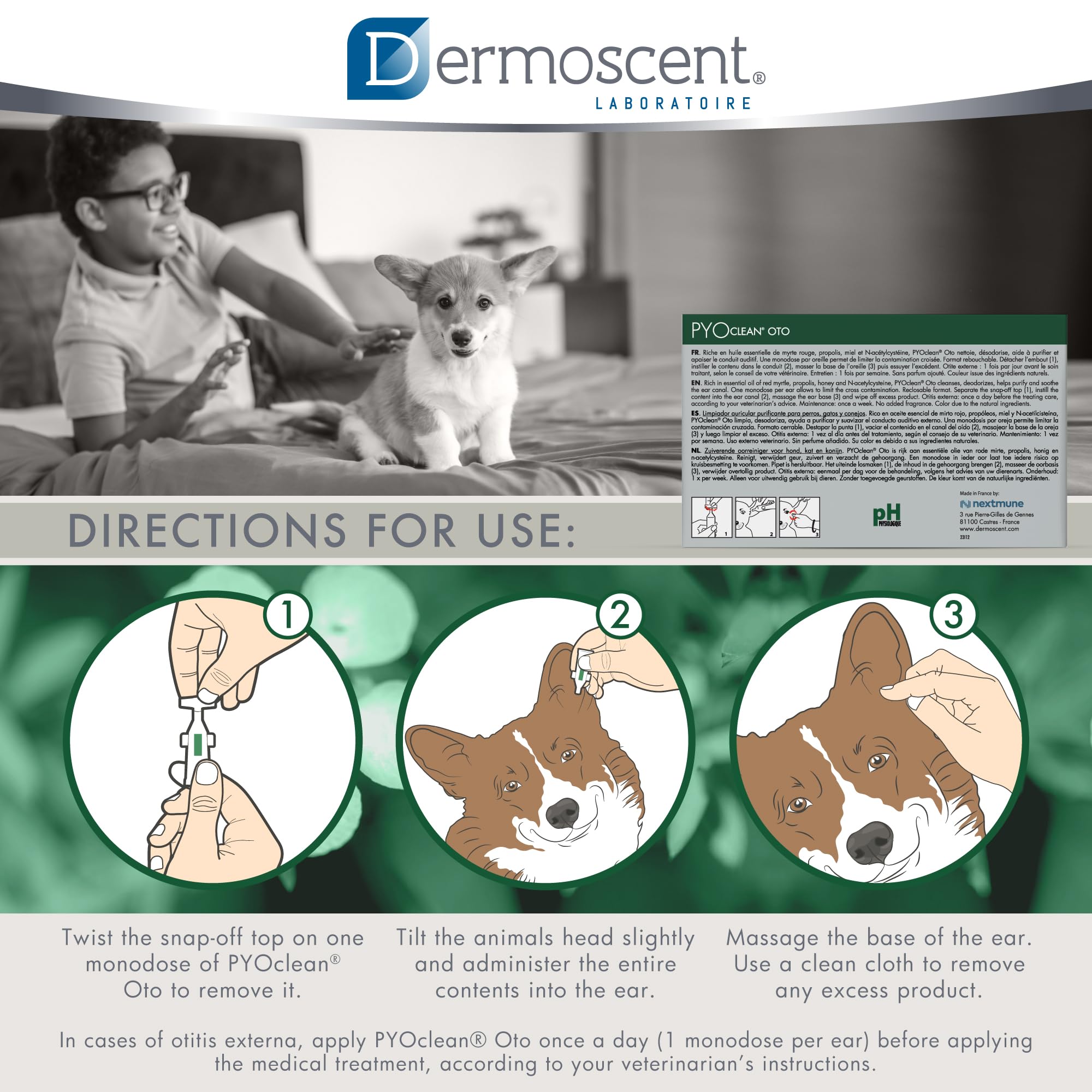 Dermoscent Pyoclean OTO: uso doméstico sencillo para higiene regular.