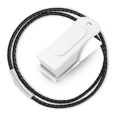 Clicker Devault Gear blanco con collar de cuero para entrenamiento cómodo.