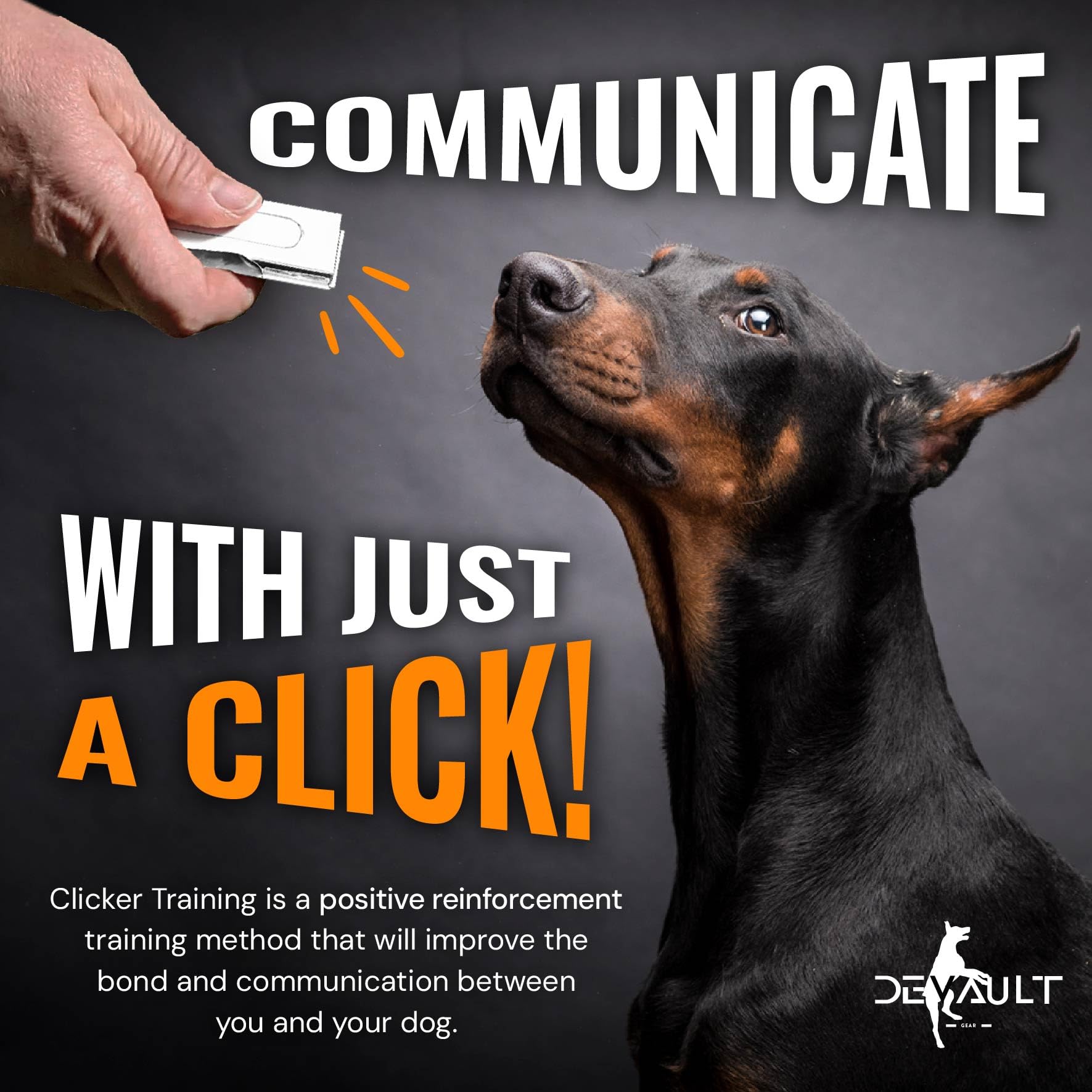 Clicker Devault Gear dorado para entrenamiento y refuerzo positivo.