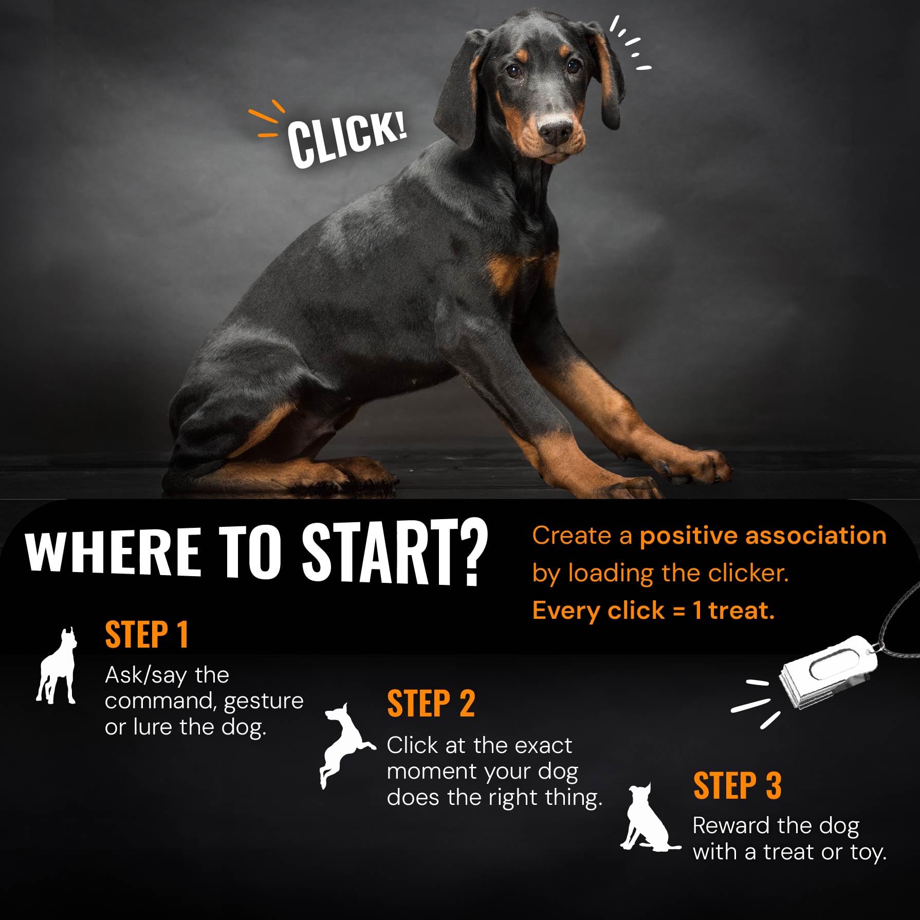 Clicker Devault Gear plateado con cierre imantado para entrenamiento a distancia.