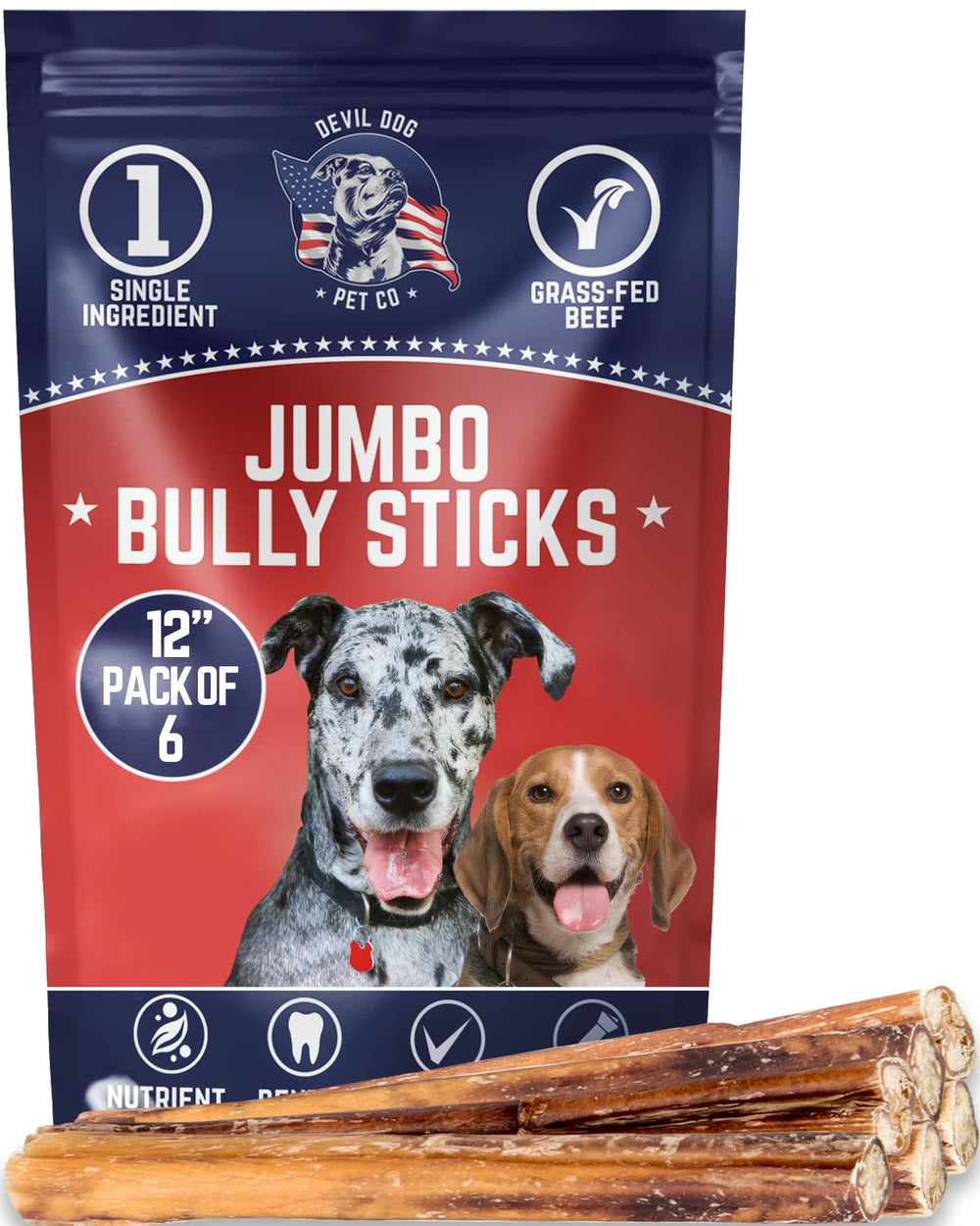 Devil Dog Pet Co. palitos bully jumbo, 12 pulgadas, pack de 6 para masticación prolongada
