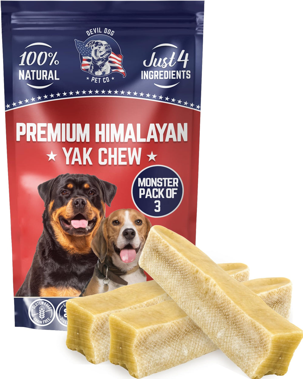 Devil Dog Pet Co Monstruo Yak Chew 3 pack para masticación prolongada