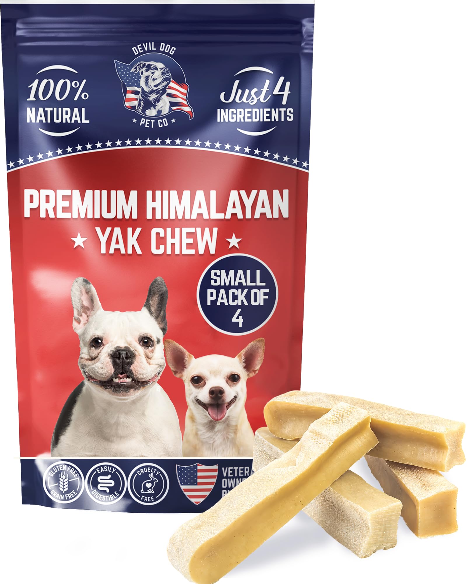 Devil Dog Pet Co. masticables yak tamaño pequeño para perros pequeños; morder suave y entretenimiento.