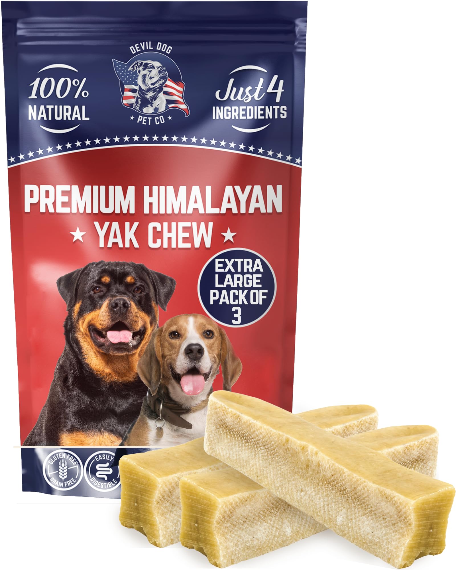 Devil Dog Yak Chews: empaque de 3 piezas para perros grandes, masticación segura.